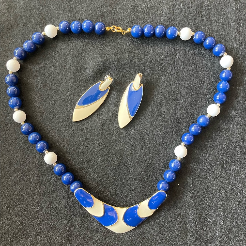 Blue and White Beaded Necklace and Earring Set